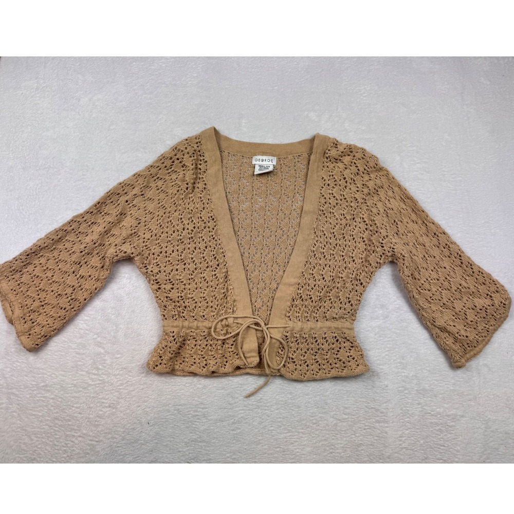 George Tan Crochet Knit Cropped Cardigan Ramie Cotton Tie Waist Small 4/6